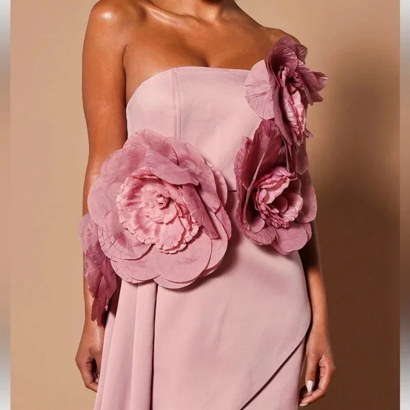 Draped large flower appliqués mini formal dress light pink - Picture 2 of 4